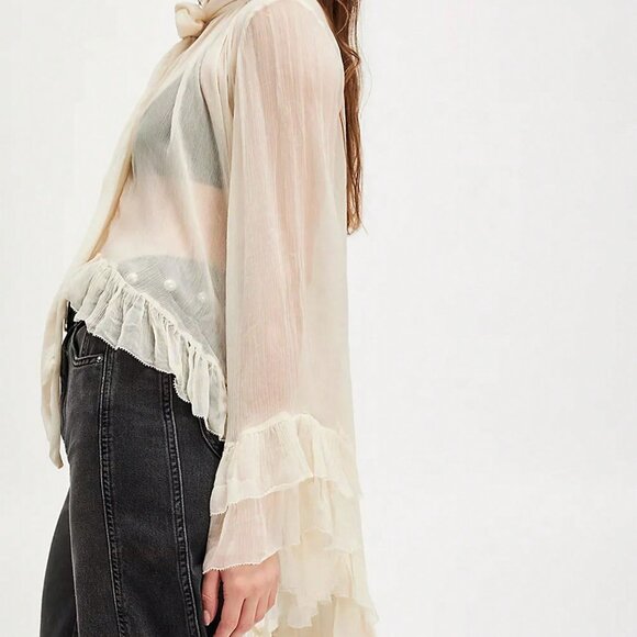 Beige Elegant Women's Ruffled Boho Top Long Sleeve V Neck Peplum - Picture 4 of 4